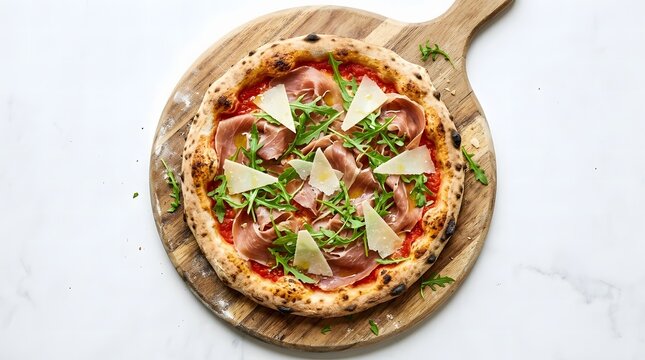 Neapolitan pizza with prosciutto, arugula and parmesan shavings on a wooden board, top view.