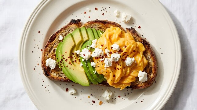 Sourdough toast topped with sliced avocado, scrambled eggs, feta and chili flakes on a cream plate, top view.