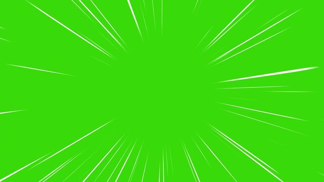 Dynamic manga fast speed lines on green screen background. Velocity line overlay radiating outward from center. Dramatic Radial Zoom Streaks moving like Flash Action. Thousands lines racing along.