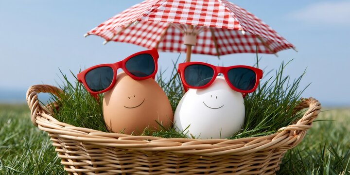 Happy eggs wearing sunglasses enjoying summer holiday picnic