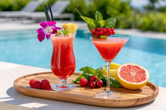 Refreshing tropical cocktails with fruit by a swimming pool