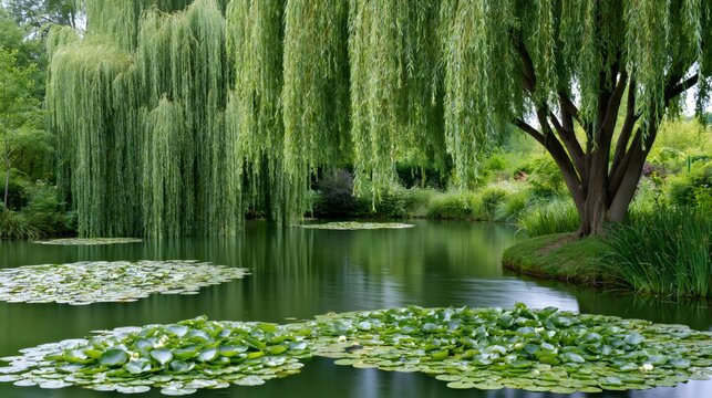 Weeping willow branches hanging over Giverny lily pond