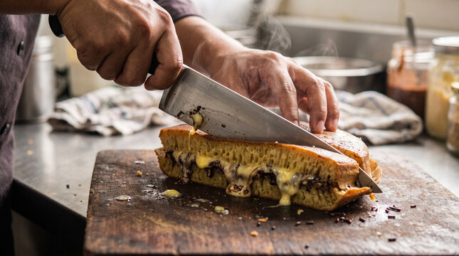 Professional chef hands slicing warm freshly made Indonesian sweet martabak pancake with sharp knife on wooden board