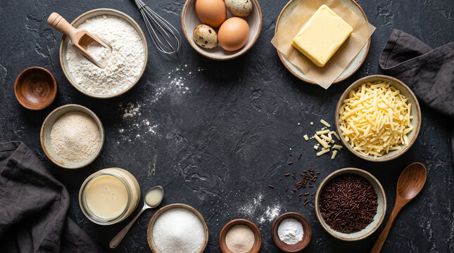 Flat lay composition of raw baking ingredients for traditional Indonesian sweet martabak pancake on dark stone counter