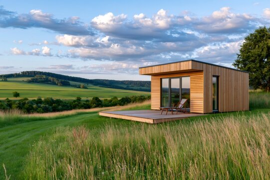 Modern wooden cabin in a rolling countryside landscape