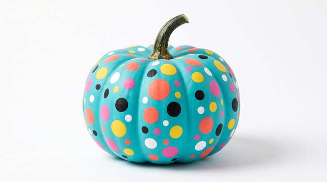 A bright blue pumpkin painted with colorful polka dots for a fun autumn decoration