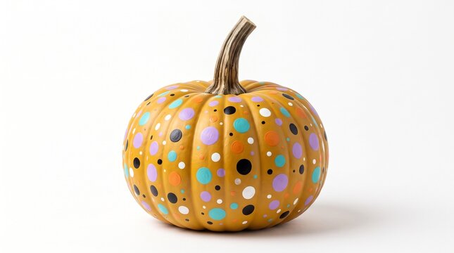 A single orange pumpkin decorated with colorful painted polka dots for halloween
