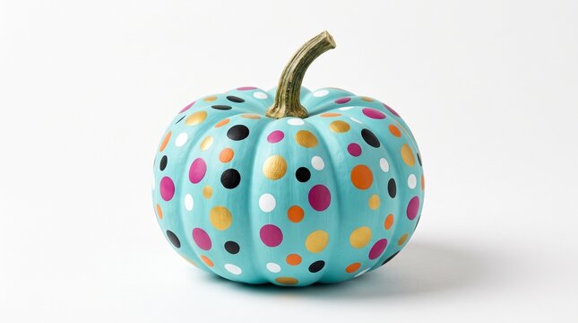 A bright light blue pumpkin decorated with colorful polka dots for autumn holidays