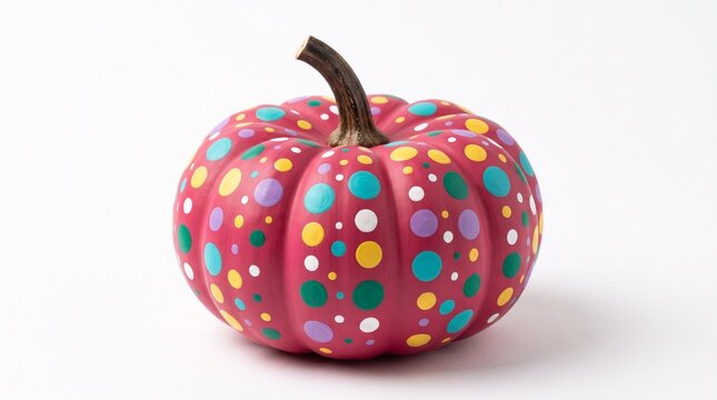 A bright red pumpkin decorated with colorful painted polka dots for autumn season