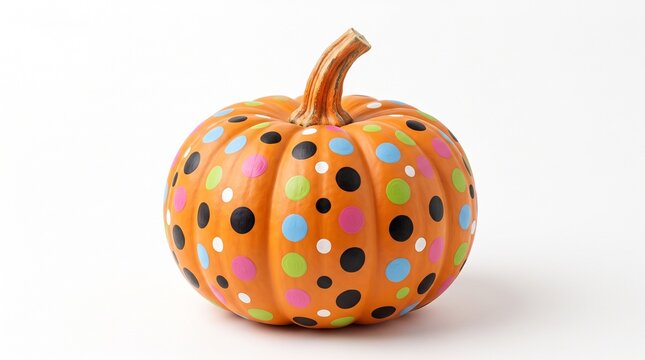 A bright orange pumpkin decorated with colorful polka dots for the autumn season
