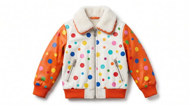 Stylish winter bomber jacket for kids with colorful polka dot pattern and fur collar
