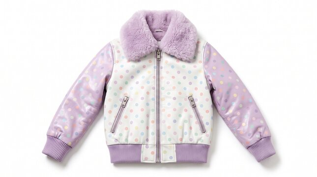 Cute purple and white polka dot bomber jacket with a soft fluffy fur collar piece