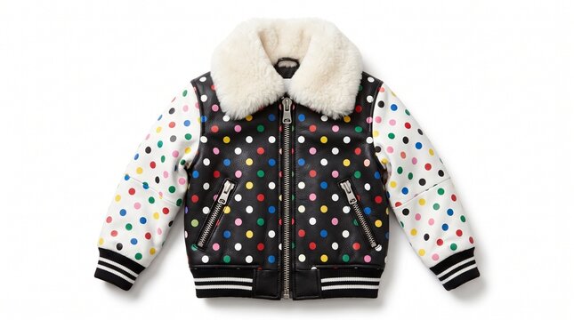 Stylish black bomber jacket with colorful polka dots and a fluffy white fur collar