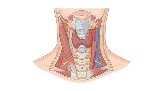Anatomical illustration of human neck structures including thyroid and vertebrae.