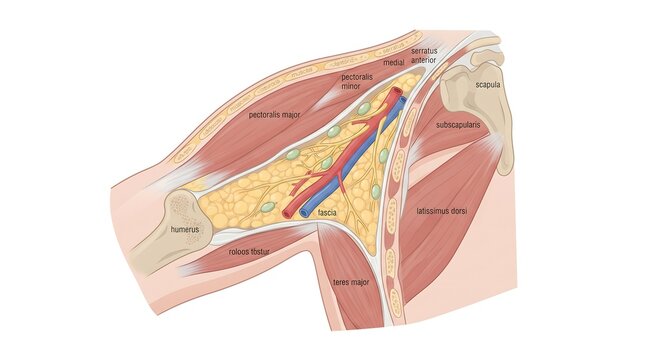 Anatomical illustration of the human axilla showing muscles nerves and blood vessels.