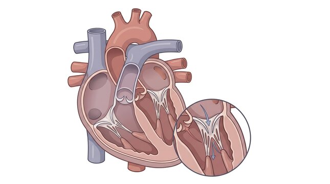 Anatomical illustration of a human heart showing internal structures and valves.