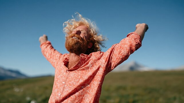 Joyful bearded man in orange floral shirt with arms outstretched outdoors enjoying nature for banner background poster and wallpaper design
