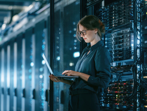 Female IT Engineer Working in Modern Data Center