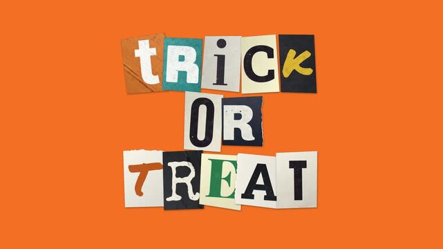 Trick or treat in torn ransom note letters on a bright orange background. Retro Halloween typography banner
