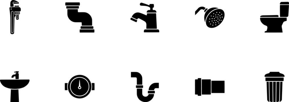 Bathroom fixtures and plumbing icons on transparent background.