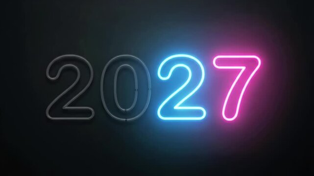 2027 New Year Colorful Neon Sign Glowing Text Dark Background Seamless Loop
