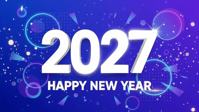 2027 Happy New Year Celebration 3D Text on Blue Confetti Motion Graphic Background
