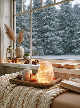 Cozy Winter Reading Nook with Snowy Forest View