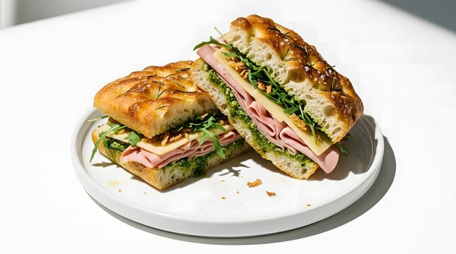 Gourmet focaccia sandwich with ham, cheese, pesto, arugula and crispy onions on a white plate.