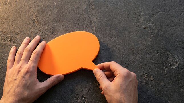 Orange speech bubble held by hands on textured surface with soft overhead lighting symbolizing communication and ideas