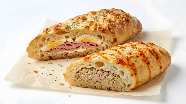 Two baked stuffed breads sliced open to show ham and egg and tuna filling with melted cheese on parchment paper.