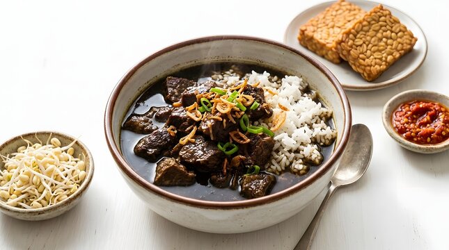 Indonesian rawon black beef soup with rice, fried shallots, tempeh, sambal and bean sprouts on a white table.