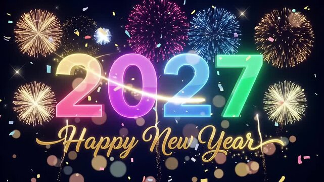 2027 New Year Fireworks Celebration Colorful Glowing Numbers Motion Graphic Background Loop
