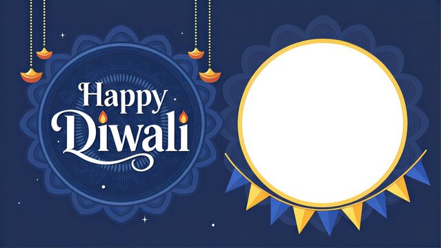 Happy Diwali festival greeting card banner with copy space photo frame and diya lamps. 