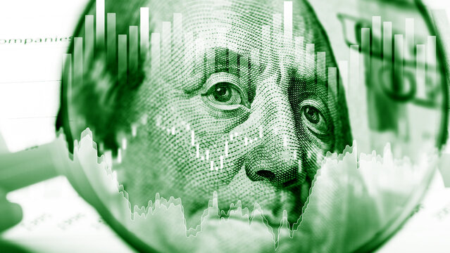 Cryptocurrency currency exchange shown with digital market charts over a US dollar banknote