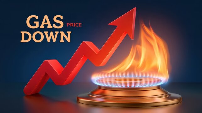Red arrow pointing upward next to gas burner with blue and orange flame and gas price down text, energy cost illustration