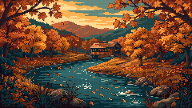 A serene pixel art landscape featuring a rustic covered bridge crossing a calm river in an autumn forest at sunset