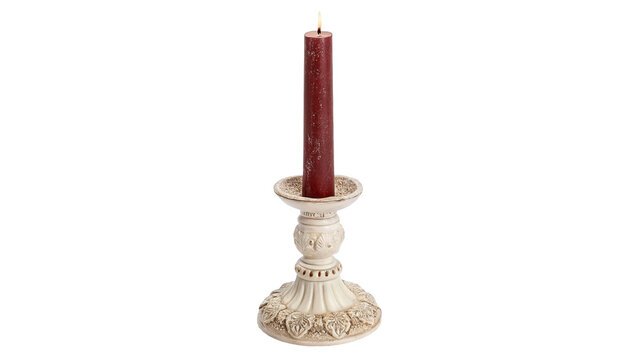 Classic vintage white stone candlestick holder with an unlit red candle isolated on transparent background.