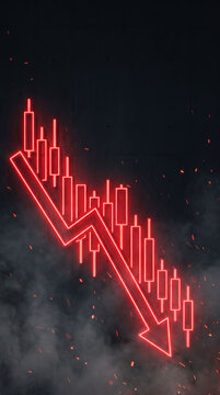 Red digital candlestick chart showing downward market trend with glowing arrow and smoke. Global economy finance market. stock investment trading candleholder, graph analysis risk loss profit