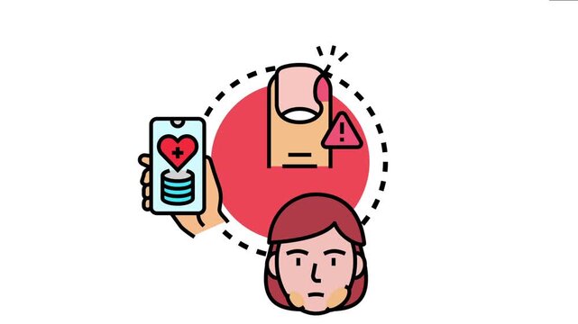 Human body experiencing inflammation and disease, with a finger infection, swollen glands, and a mobile application monitoring health data, representing a medical concept
