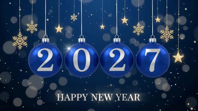2027 New Year Hanging Blue Ornament Motion Graphic Background Seamless Loop
