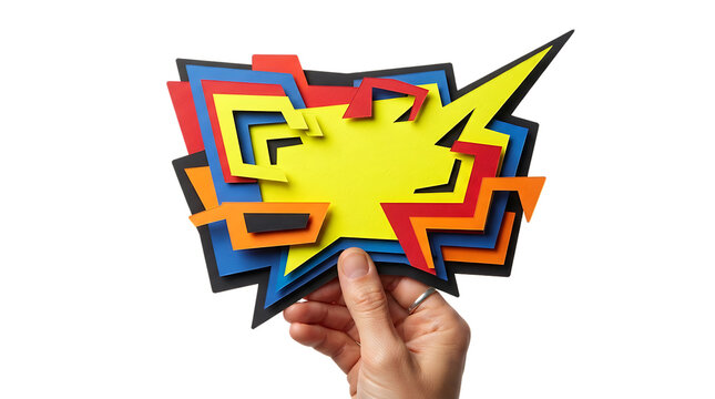 Colorful Paper Cutout Comic Burst Held by Hand, Pop Art Style Explosion Shape on White Background
