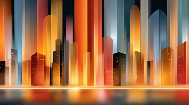 Vertical glowing panels in orange, blue and amber framing silhouette skyscrapers with scattered window lights, urban nightscape background
