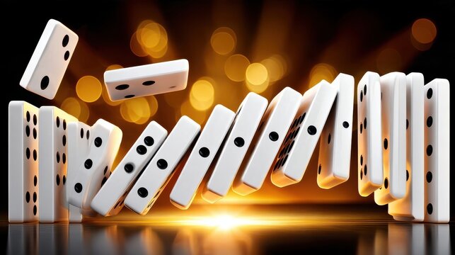 Dominoes falling in curved chain on reflective surface with warm backlight, illustrating cause and effect