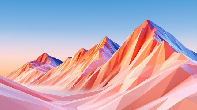 Low poly faceted mountain range with angular peaks in warm orange and cool blue tones under clear sky