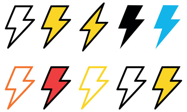 Set of colorful lightning bolt icons vector illustration isolated on white background.