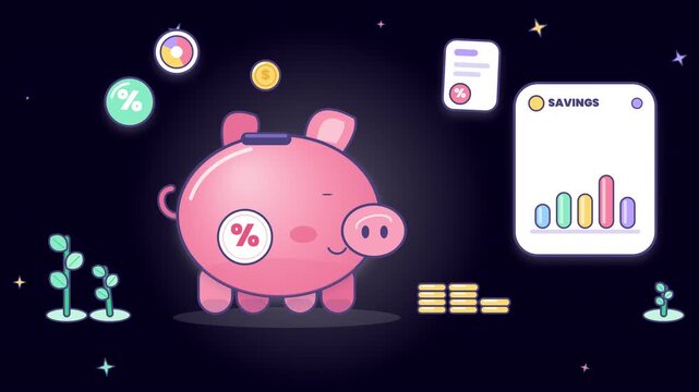 Cute Piggy Bank with Savings Chart Graph and Money Coins Motion Graphic Animation on Transparent Background