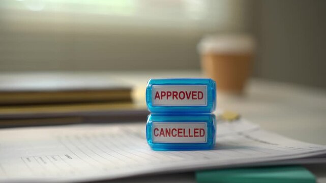 Approval and cancellation stamp office paperwork, blue rubber stamp marking approved document beside pen and coffee cup, illustrating quiet decision making process and document review awaiting