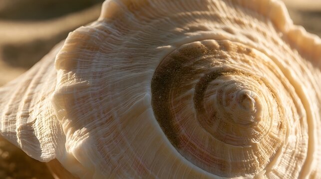A close up view of a spiral seashell with textured ridges and warm golden lighting highlighting its natural patterns