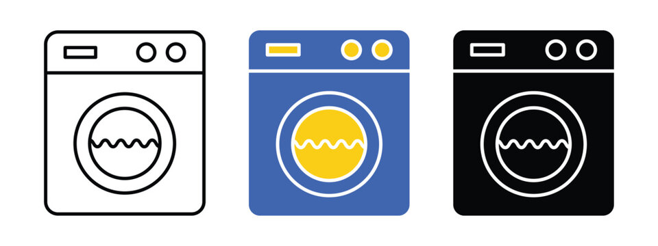 Washing machine vector icon set in outline flat and silhouette styles