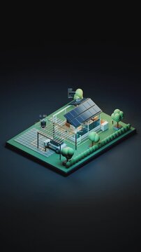 Isometric 3D smart home with rooftop solar panels charging an electric car, glowing energy flow data overlays at night, ideal for clean tech marketing and advertising.